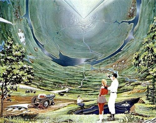 70sscifiart:The interior of a hollow asteroid, by Roy Scarfo