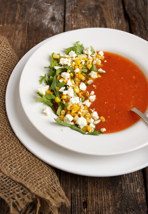 Fresh Tomato Soup with Skillet Corn and Feta“A perfect summer soup, made with fresh tomatoes, and ga