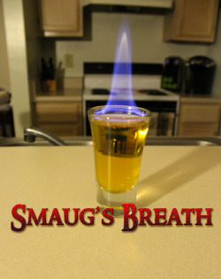 amc1995:  thedrunkenmoogle:  Smaug’s Breath (The Hobbit shot) Ingredients:1 part Goldschlager1 part Fireball Cinnamon Whisky1 splash Grain alcohol In celebration of The Hobbit: The Desolation of Smaug coming out in theaters today, I made a golden and