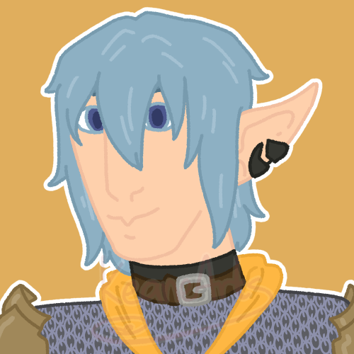 a bust drawing of haurchefant from final fantasy 14. he is facing slightly to the left and smiling. he is wearing his usual outfit. the lines are coloured a slightly darker version of the colour in them, aside from the eyes that are coloured with his hair colour. the background is a solid muted yellow and there is a white outline around him.