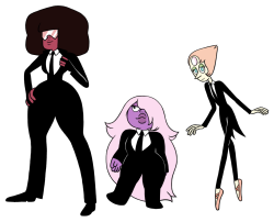 fortress-of-the-damned:this started when i was like “i bet garnet would look good in a tuxedo” and then it got wildly out of hand. (sugilite is the only one who is not size relative)  O oO &lt;3