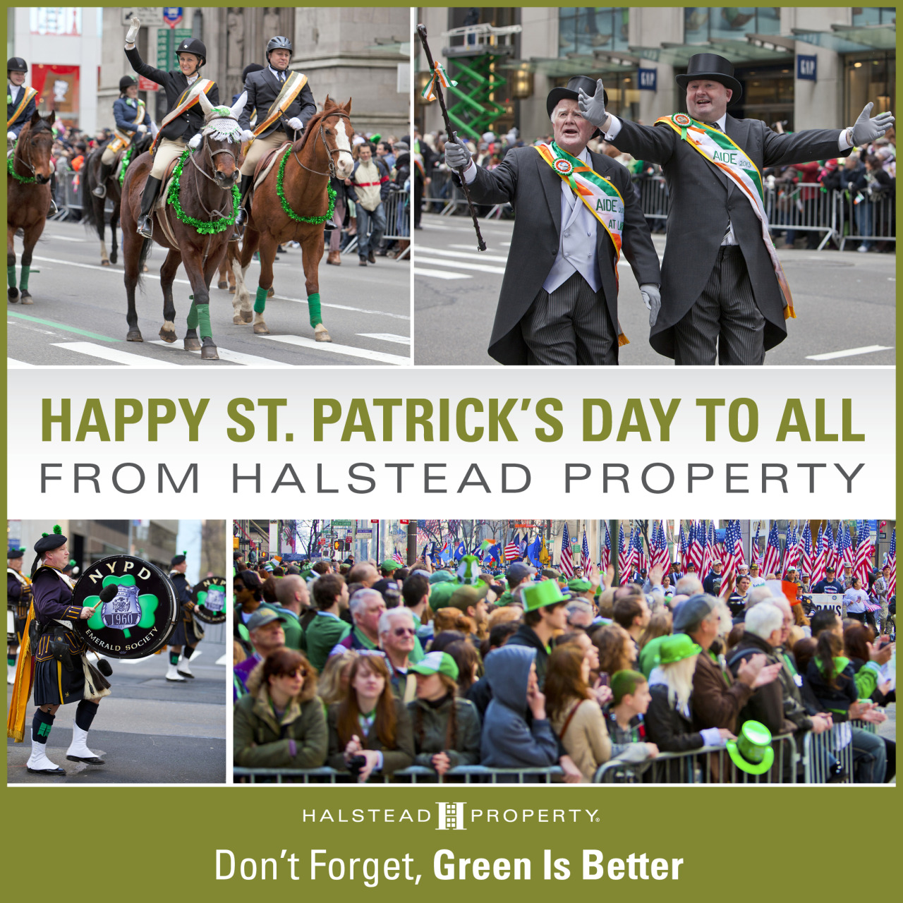 HAPPY ST. PATRICK’S DAY TO ALL
From the agents, executives and staff at Halstead Property, we wish all a Happy St. Patrick’s Day. Be safe and don’t forget that Green is Better ;)