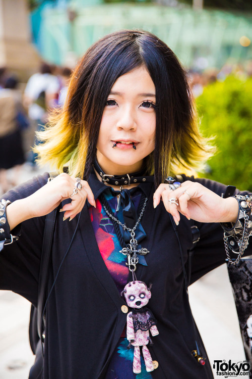 19-year-old Anko on the street in Harajuku wearing a dark look with items by Sexpot Revenge, Killsta