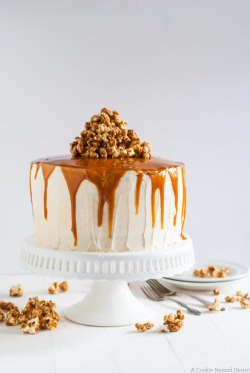 sweetoothgirl:Vanilla Bean Cake w/ Bourbon Soaked Peach Compote and Spicy Caramel Popcorm