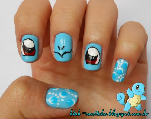 cantinhobiah:  Nails inspired by Pokemon Squirtle  Unha inspirada no Pokemon Squirtle  For my girlfriend.