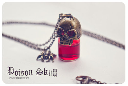 almostlolita:  Gothic bottle necklaces featuring a skull and spider (with your color choice of ‘poison’ liquid) and glow-in-the-dark snake venom. www.13thPsyche.com