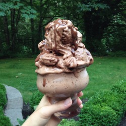 rawvegantilfour:  fitwithoutfat:  I regret nothing.  Double chocolate fudge sundae: 1st layer -1 1/2 frozen bananas -1tbs cocoa powder -3 dates -&frac14; cup almond milk -1 tsp vanilla 2nd layer -1 1/2 frozen bananas -2 tbs cocoa powder -&frac14; cup