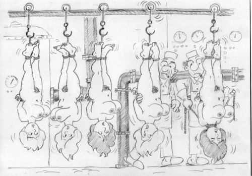 hotariel:  Dangling upside down Unable to move Slowly moving forward Watching the others go before you Your heart starts racing The Butcher does not notice your fear You are just meat 
