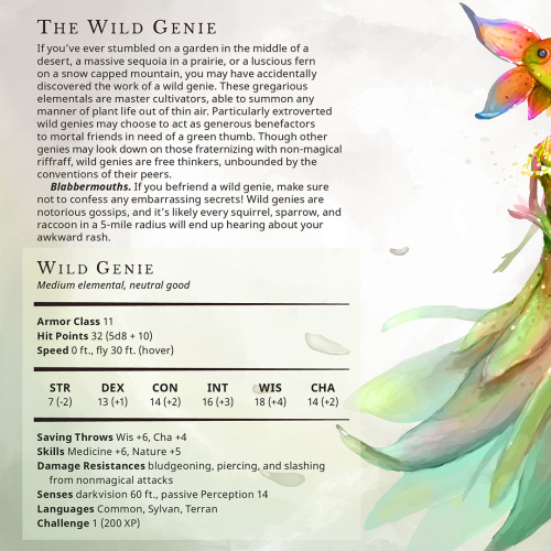 Wild Genie – Medium elemental, neutral goodIf you’ve ever stumbled on a garden in the middle of a de