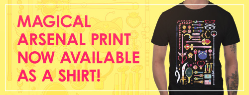paulinaganucheau:  I’ve had a bunch of people request this, so my Magical Arsenal print is now available as a shirt! You can purchase the shirt here here here here! I’ve mocked up my favorite color options! You can fight so much evil in all those