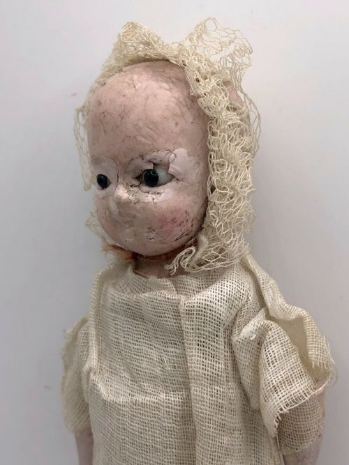 wildbeautifuldamned: Antique 8.5 German Baby Papier Mache Head doll w Cloth Stuffed Body, Glass eyes