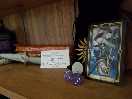 Just a little peak at some of my magickal items. My dice, tarot &amp; coin all for divination. M