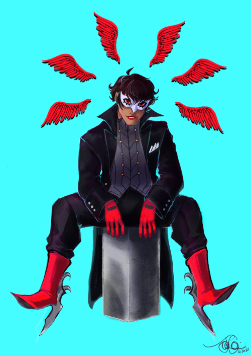 [ID: A digital painting of the Persona 5 protagonist, a teenager with dark hair and red eyes. He loo