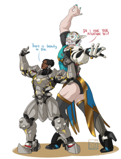 sinksanksockie:  Overwatch Outfit-Swap: Symmetra and Reinhardt [Submission by @drunken-pilot ] It’s clunky, it’s crazy, but Symmetra doesn’t hate all the armour. It keeps her safe.  And we all know how much Reinhardt loves his armour - but I think