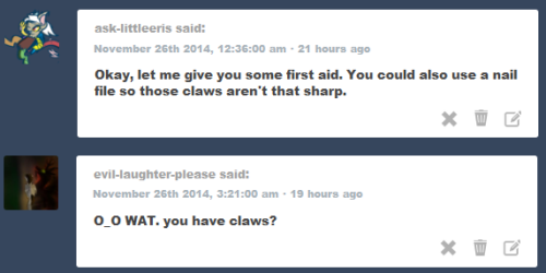 askflowertheplantponi:  Flower: Sis please calm your tits, i’m wearing protection “gloves” it wont hurt you     -_- askers. http://evil-laughter-please.tumblr.com/ http://ask-littleeris.tumblr.com  x3