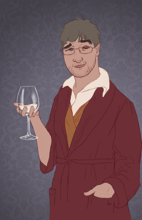 sketch of jacob in character as a spoiled foppish dandy, swirling a wineglass of milk.I had original