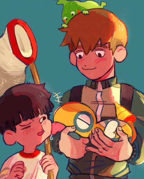 very late fanart in response to ONE’s drawing of mob + reigen playing pkmn go :’)