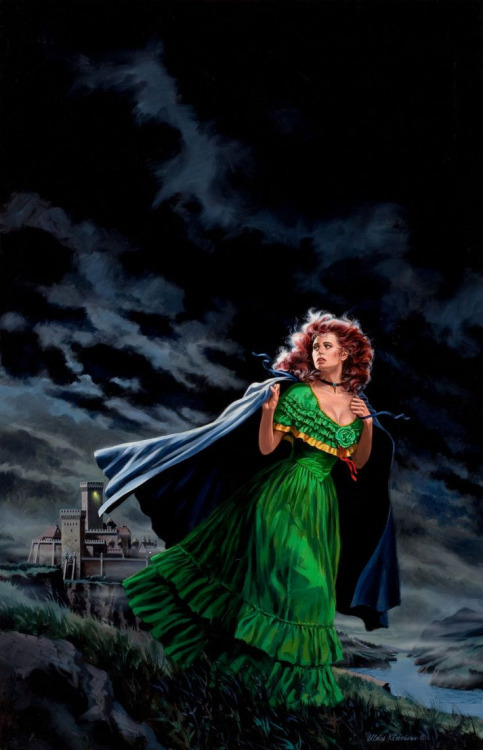 nimmieamee:vintagegeekculture:Artist  Uldis Kalvan’s gothic romance covers, featuring women running 