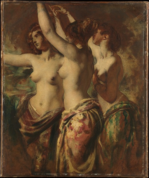 books0977:  The Three Graces. William Etty (English, 1787-1849). Oil on millboard. Met. This oil sketch is a study for the Three Graces in Etty’s painting Venus and Her Satellites. The sensuous nude bodies set off by brightly colored draperies in