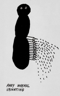 softpyramid:Ray JohnsonAndy Warhol Urinating,1990 ink drawing 16” X 13.6”