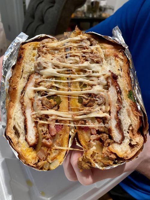 foodmyheart:Mexican torta with chicken, pork, steak, bacon, cheese, onions, and jalapeños Source: ht