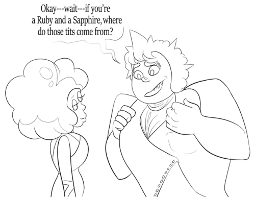 Snowflake (who’s still young and learning about what is and isn’t appropriate) meets Cotton Candy Garnet for the first time and starts asking all the right questions. :D(Awhile ago I wanted to do a doodle series of my OCs meeting canon characters,