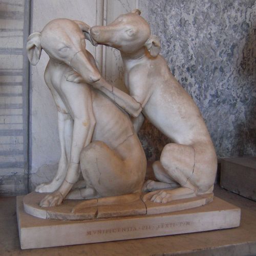 A Roman statue of greyhounds playing with one another, dating to the second century CE. Dogs were us