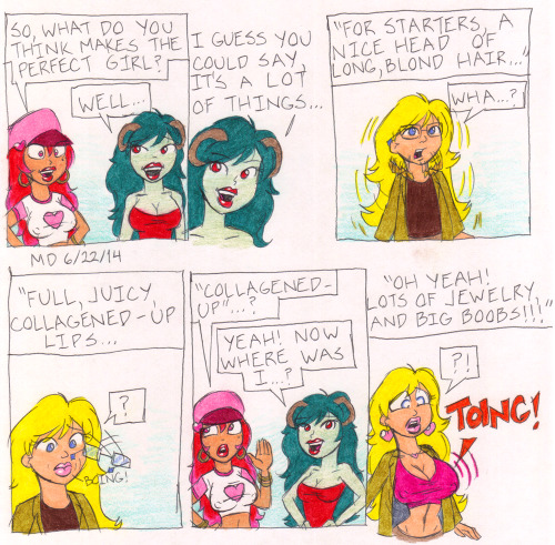 mdetector5:  Here is a commission for Apokol on DA, that is a continuation of this drawing. Here, Valerie asks Cani about what makes the perfect girl in her opinion. As Cani lists off reasons, the guy changes to meet her specifications. This took a little