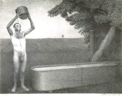 hired man on farm using the catles’ water                                                             by Grant Wood
