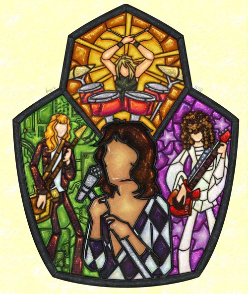 A drawing in the style of stained glass featuring the band, Queen.