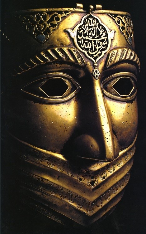 farsizaban:  Iranian battle-mask, from the Safavid Dynasty (16th-18th c.)  Shahada is inscribed on t