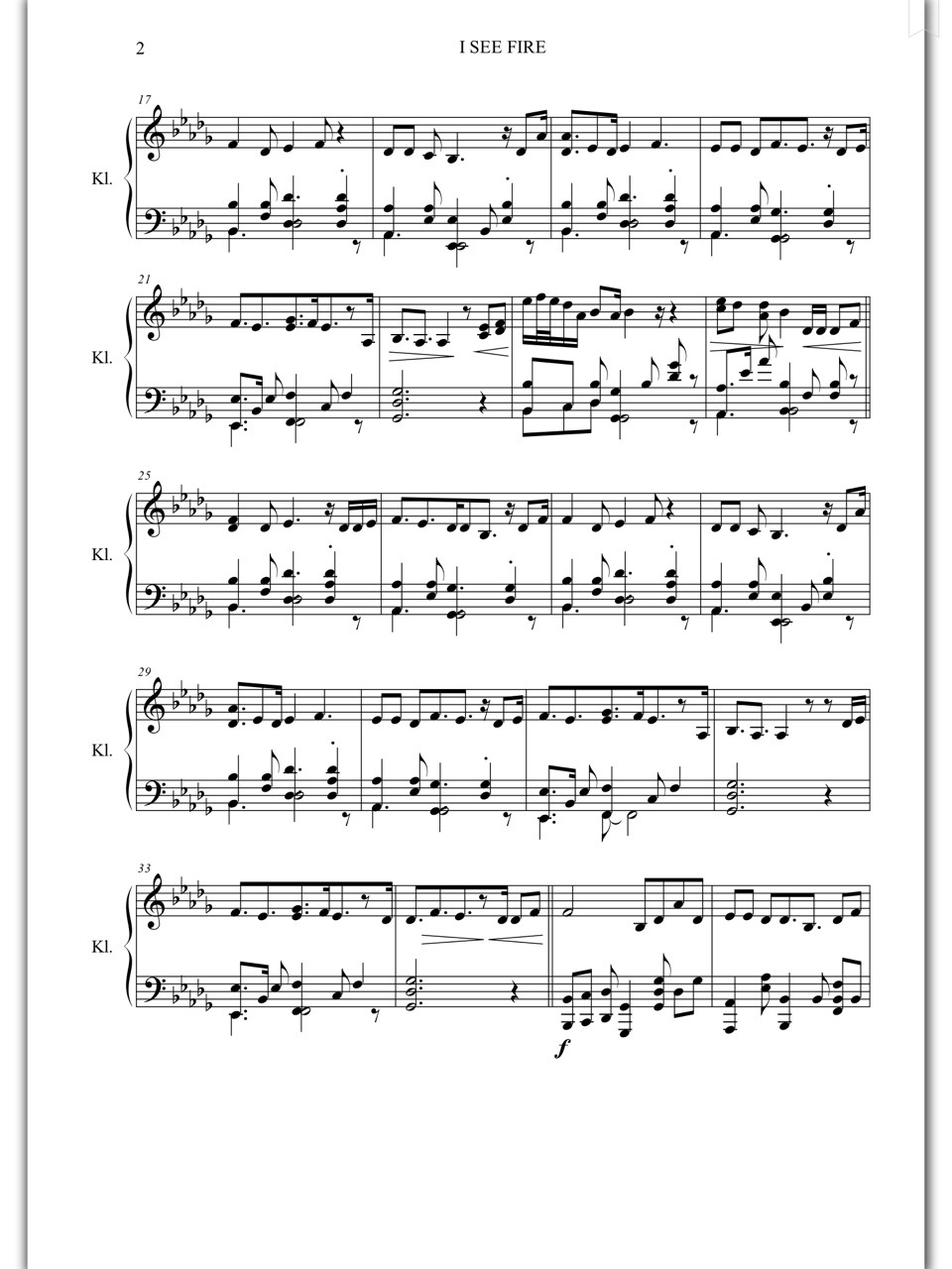 Piano Sheet Music I See Fire Ed Sheeran Piano Sheet