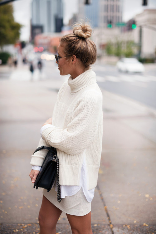 justthedesign: Mary Seng in a white chunky knit turtleneck sweater from Helmut Lang