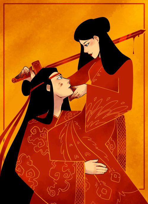 esmeblaze:wedding red[id: a digital drawing of madam lan and qingheng-jun, done entirely in gently t