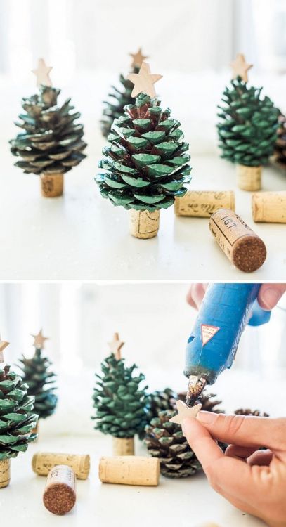 Easy DIY for the holidays. 1. paint pinecone green - let dry - for extra paint a little bit of glue 