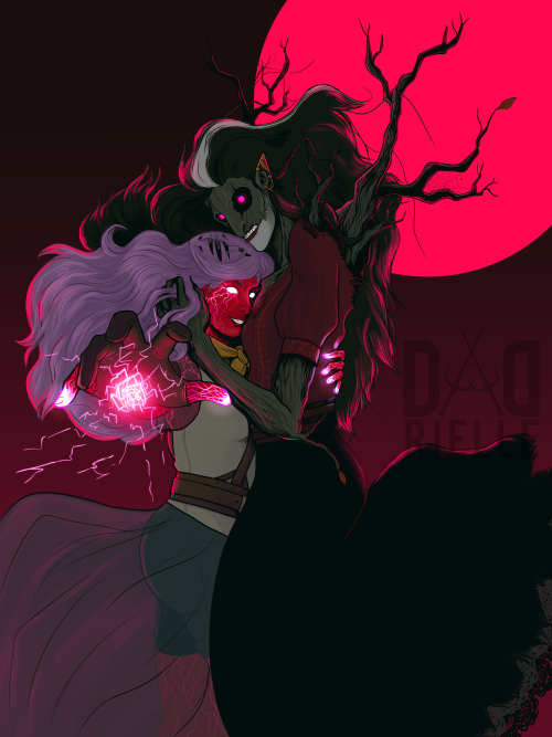 Fanart depicting Imogen and Laudna embracing, done in dark reds, purples, black, and grey, with a large red moon in the background.