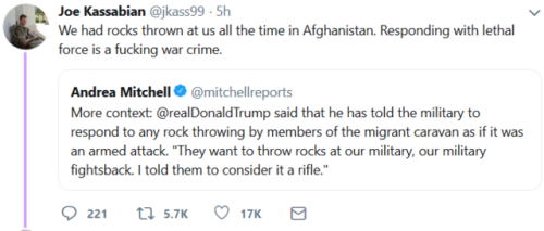 literatec: calleo:  Oh good. First, he comes out as a Nationalist and encourages others to do the same. Now, he’s openly advocating committing war crimes. Great. Wonderful. Nothing abnormal or alarming about that.  And isn’t… isn’t it like a huge