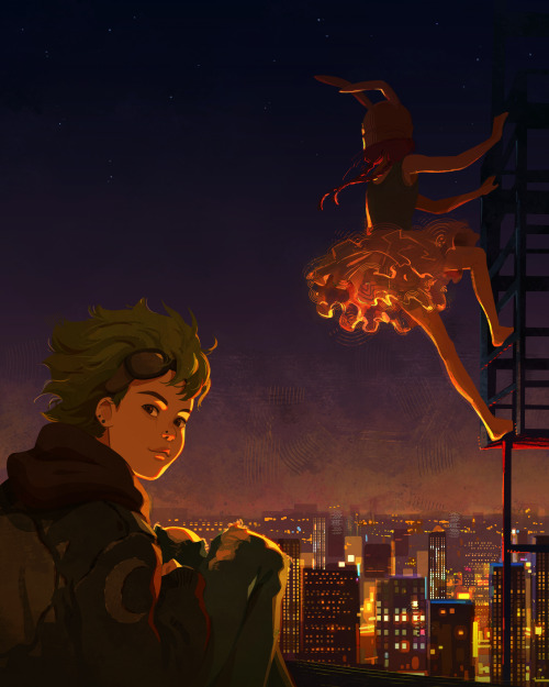 Distant Sounds - 2021 (first) - 2011 (second)[Two characters climb high above a city at night to sit