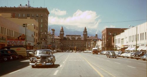 mid-centurylove:  Downtown Colorado Springs, 1951 Note cinema showing films “When I Grow Up” and “This is Korea!”, both released 1951 