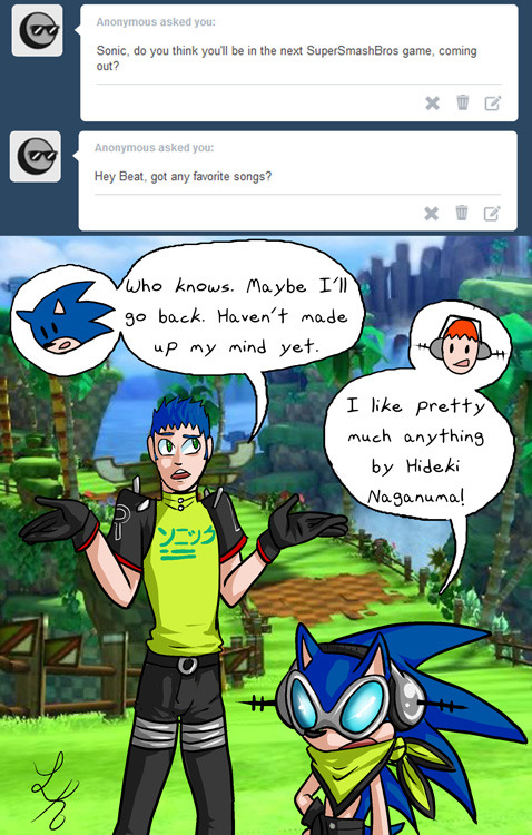 askallstars:  Sonic: ….What’s with that outfit?…Beat: ….WHAT DID YOU DO TO