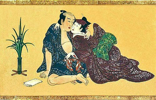 Homoerotic shunga, panel from a painted hand scroll by Miyagawa Isshō c 1750