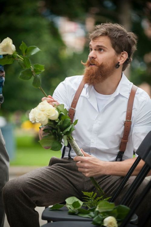 thedailybeard:My husband at our wedding! Taken by The Dan Osadtsuk Photography Co.-steamxlovewhat an awesome photo !  Beard and braces (well, they’re suspenders here but I loved the alliteration. 