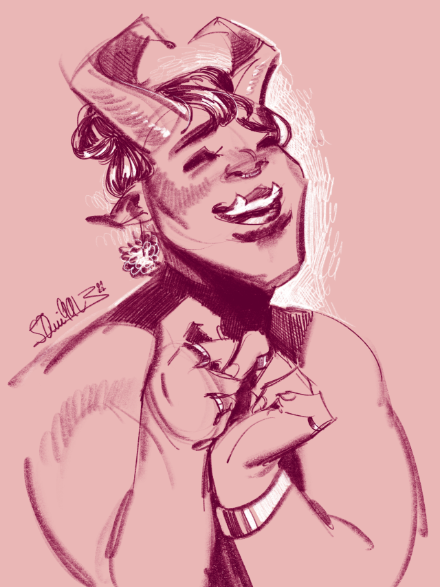 digital sketch of a happy young tief-orc woman, laughing with her eyes closed and fidgeting with her hands. she is quite muscular and has horns curving into an angular heart shape, and tusks on her upper row of teeth. her dark hair is pulled into a loose bun. she is wearing a black sleeveless turtleneck and several pieces of jewelry, including a septum piercing.