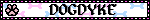 a white blinkie with pastel blue and black bones in the background, and a black border and text that reads 'DOGDYKE'