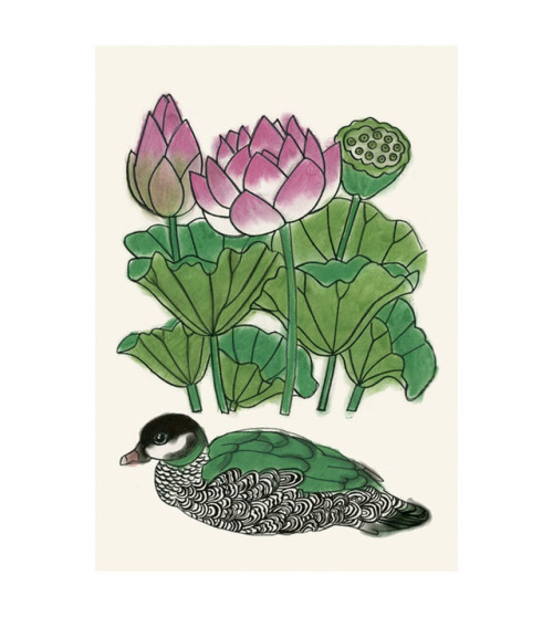 Pygmy Green Goose and Lotus blossoms - Matou en Peluche