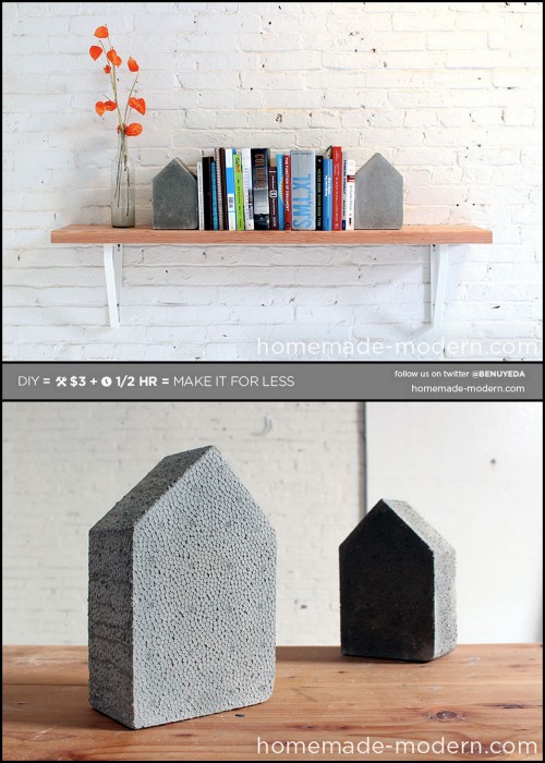 DIY Easy Styrofoam Cast Concrete Bookends Tutorial from Homemade Modern. I made stepping stones with