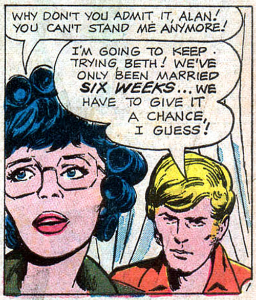 gameraboy:  “We’ve only been married six weeks… we have to give it a chance, I guess!” You’ve got a real winner there, Beth. Teen-Age Love #83 (1972) 