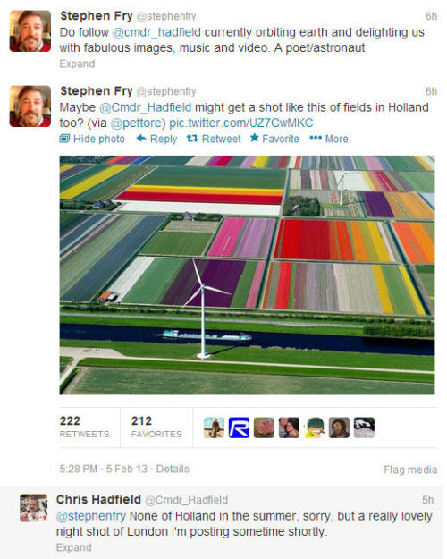 Stephen Fry converses with Chris Hadfield, currently onboard the ISS, on Twitter today.