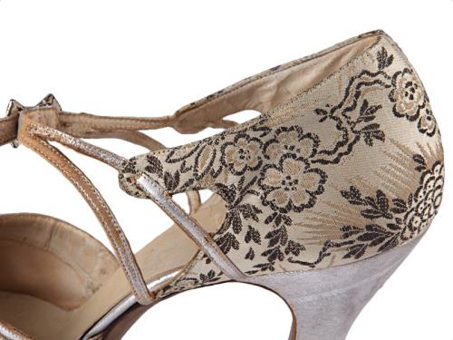 D'Orsay shoes with beige colour damask upper with floral pattern and silver and leather appliqué on 