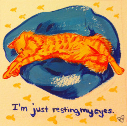 robinpancakes:  Cat nap. A small project i’m doing! I’ll scan them in later, crapy phone pics for now! Done in gouache. 